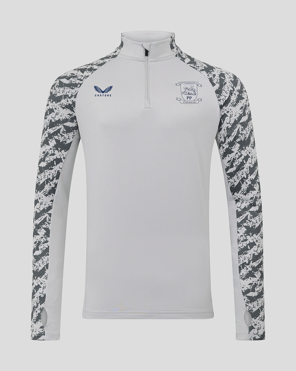 Grey Preston 25/26 training midlayer top featuring camouflage sleeves and chest crest