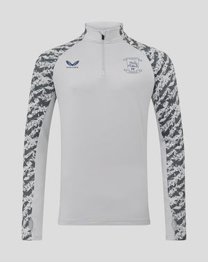 Grey Preston 25/26 training midlayer top featuring camouflage sleeves and chest crest