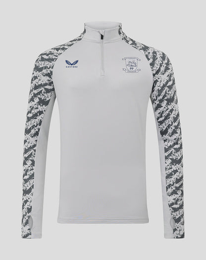 Grey Preston 25/26 training midlayer top featuring camouflage sleeves and chest crest