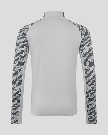 Back view of Preston North End training midlayer top with plain white back and gray camouflage sleeves
