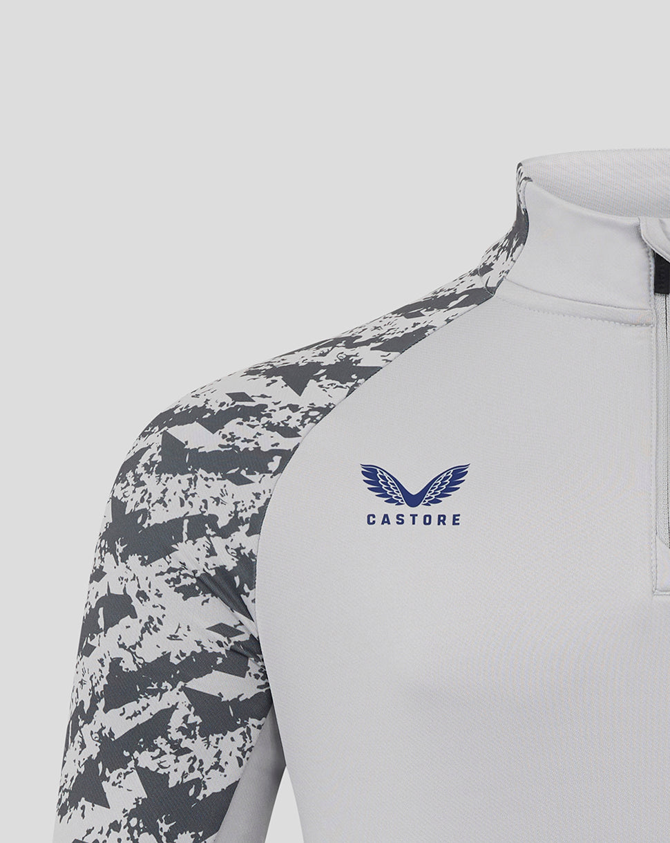 Front view of Preston North End training midlayer top with blue Castore logo on chest and camouflage sleeves