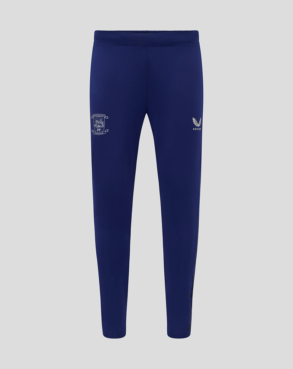 Blue Preston training knit pants with elasticated waistband and internal drawcords, crest on left thigh and Castore logo on right thigh.