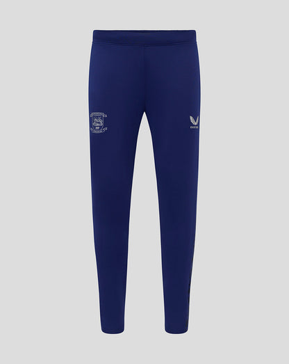 Blue Preston training knit pants with elasticated waistband and internal drawcords, crest on left thigh and Castore logo on right thigh.