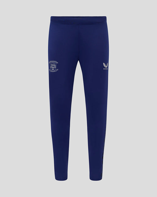 Blue Preston training knit pants with elasticated waistband and internal drawcords, crest on left thigh and Castore logo on right thigh.