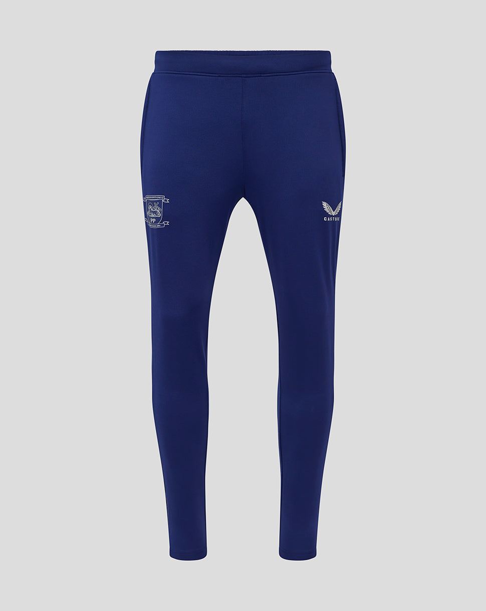 Blue Preston training knit pants with elastic waistband and pockets featuring crest on the left leg and Castore logo on the right