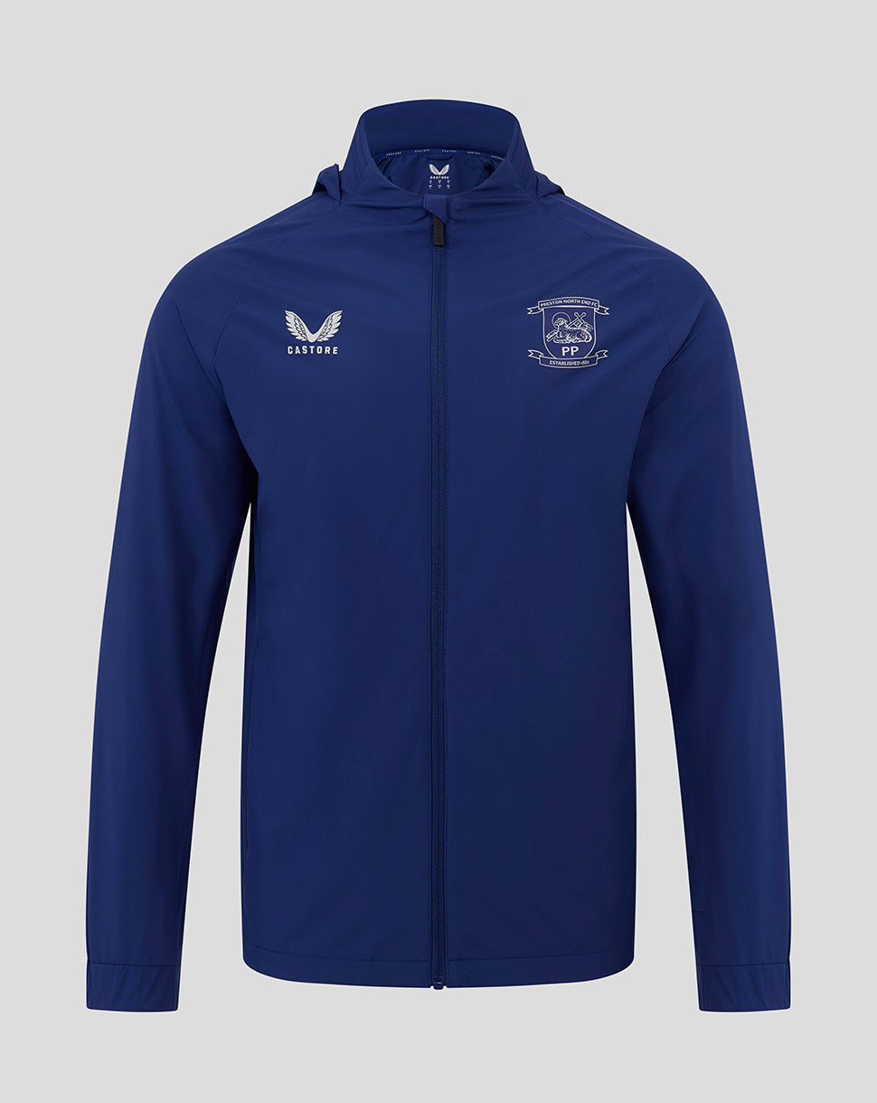 Front view of blue Preston North End training packable hooded jacket with Castore logo and club crest.