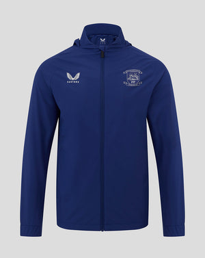 Front view of blue Preston North End training packable hooded jacket with Castore logo and club crest.