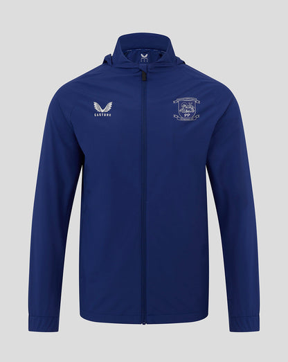 Front view of blue Preston North End training packable hooded jacket with Castore logo and club crest.