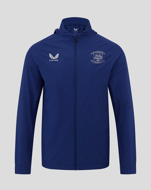 Front view of blue Preston North End training packable hooded jacket with Castore logo and club crest.