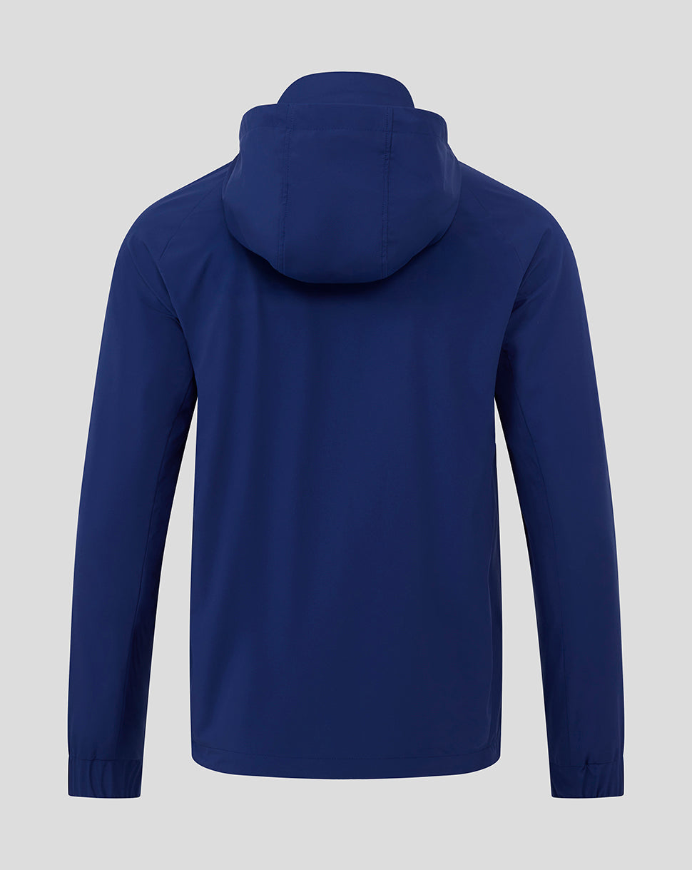 Back view of blue Preston North End training packable hooded jacket with hood down.