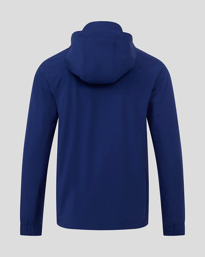 Back view of blue Preston North End training packable hooded jacket with hood down.