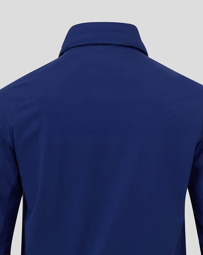 Back view of a blue Preston North End packable hood shower jacket.