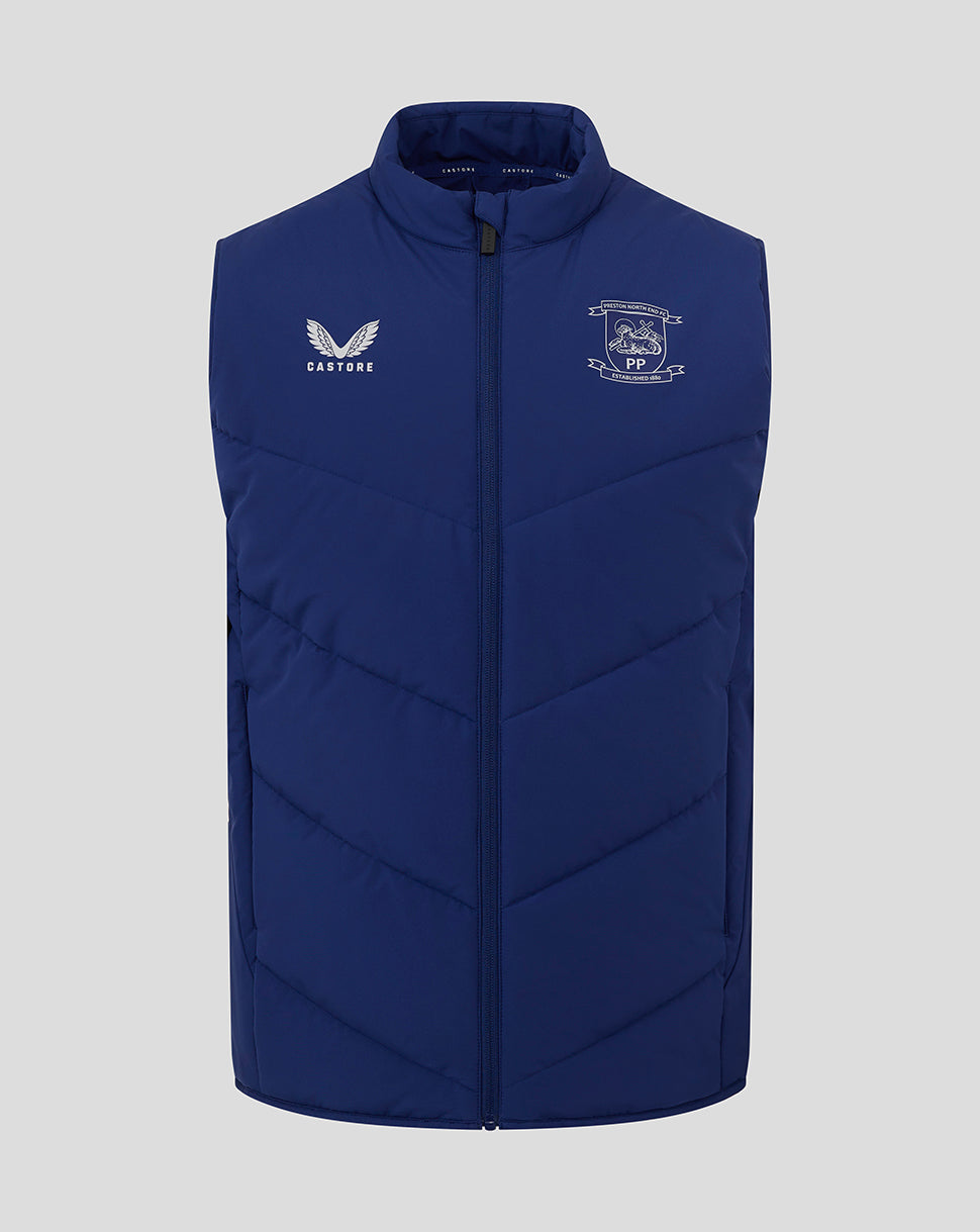 Front view of blue Preston North End training gilet with zip crest and Castore logo.