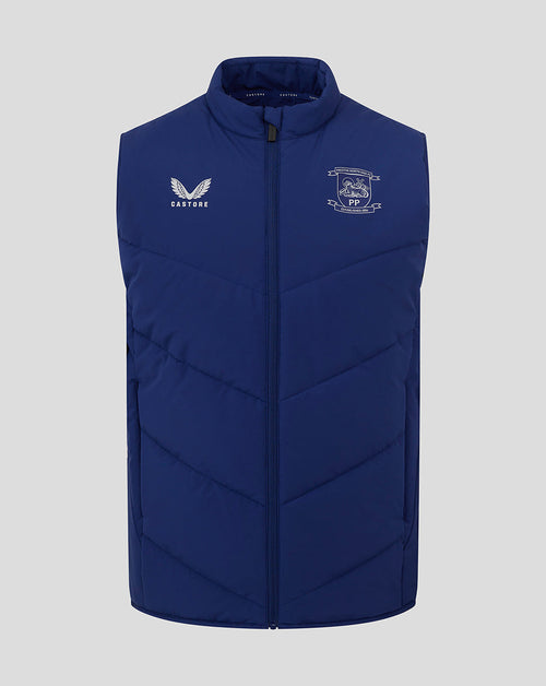Front view of blue Preston North End training gilet with zip crest and Castore logo.