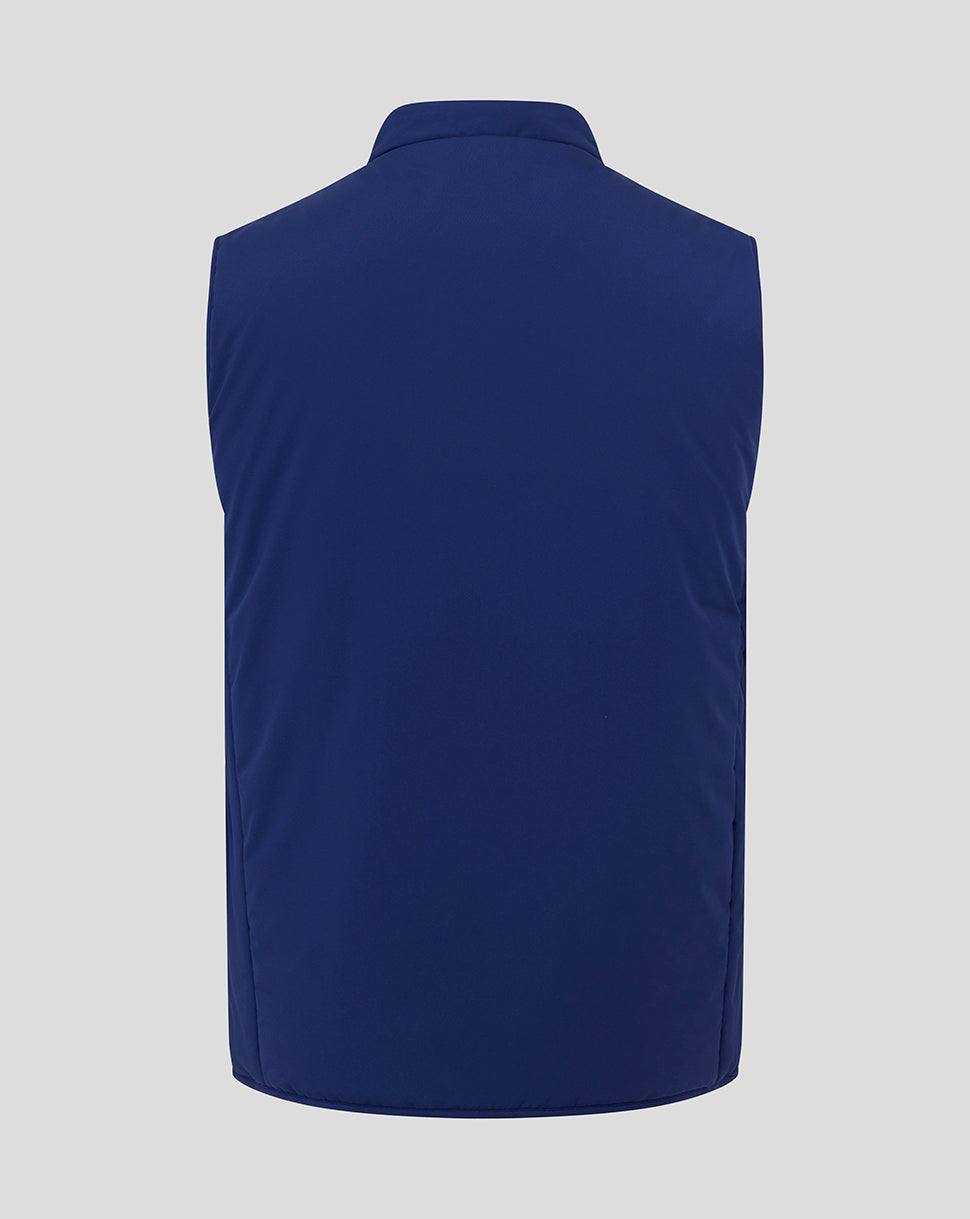 Back view of a blue padded Preston North End training gilet with smooth back panel
