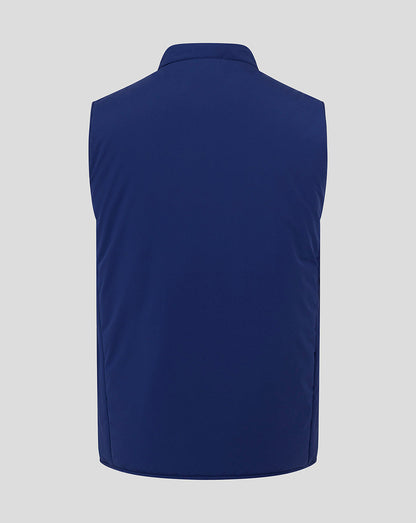 Back view of a blue padded Preston North End training gilet with smooth back panel
