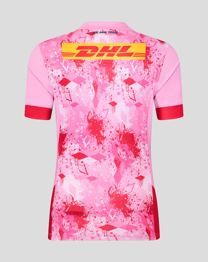 Back view of pink Harlequins away pro shirt with large DHL logo on the upper back and splatter pattern.