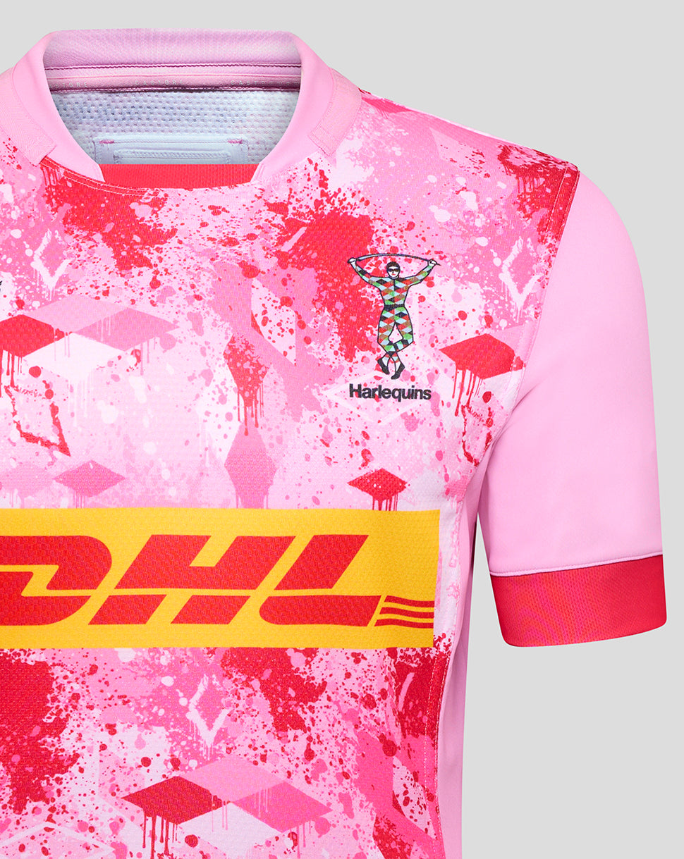 Front view of pink Harlequins away pro shirt featuring DHL sponsor stripe across the chest and club crest.