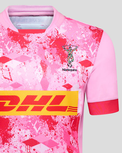 Front view of pink Harlequins away pro shirt featuring DHL sponsor stripe across the chest and club crest.