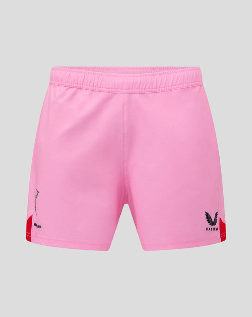 Pink Harlequins away pro shorts with a red side panel and small Harlequins logo at the leg