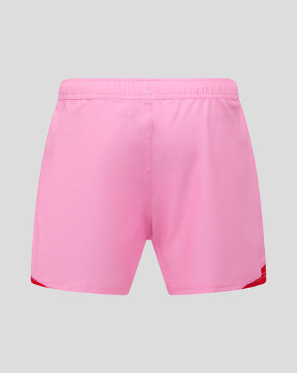 Back view of pink Harlequins away pro shorts with red trim at the leg openings
