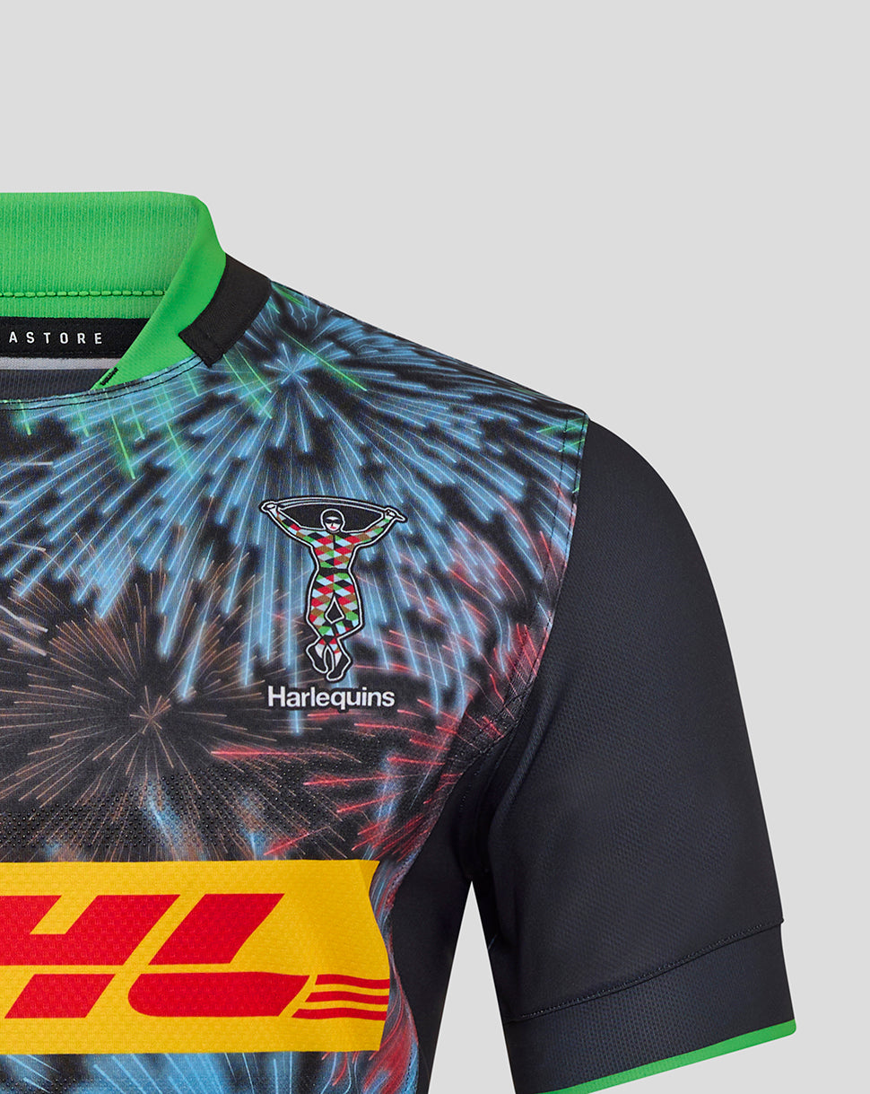 Harlequins Pro Shirt chest area with neon green collar DHL band and multicolor fireworks print featuring the Harlequins crest