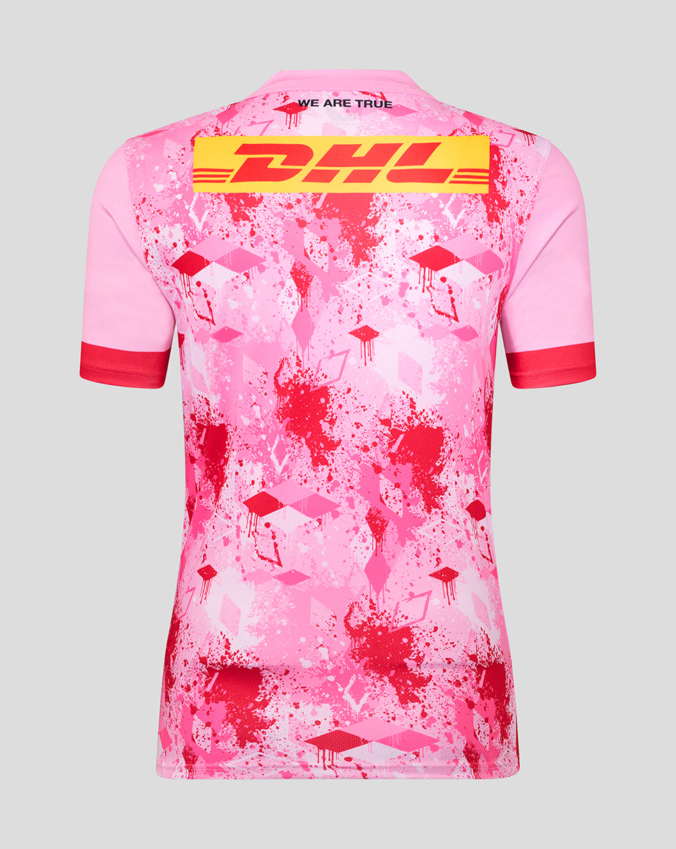 Back view of pink Harlequins away shirt with DHL logo on the upper back and We Are True slogan near the neck.