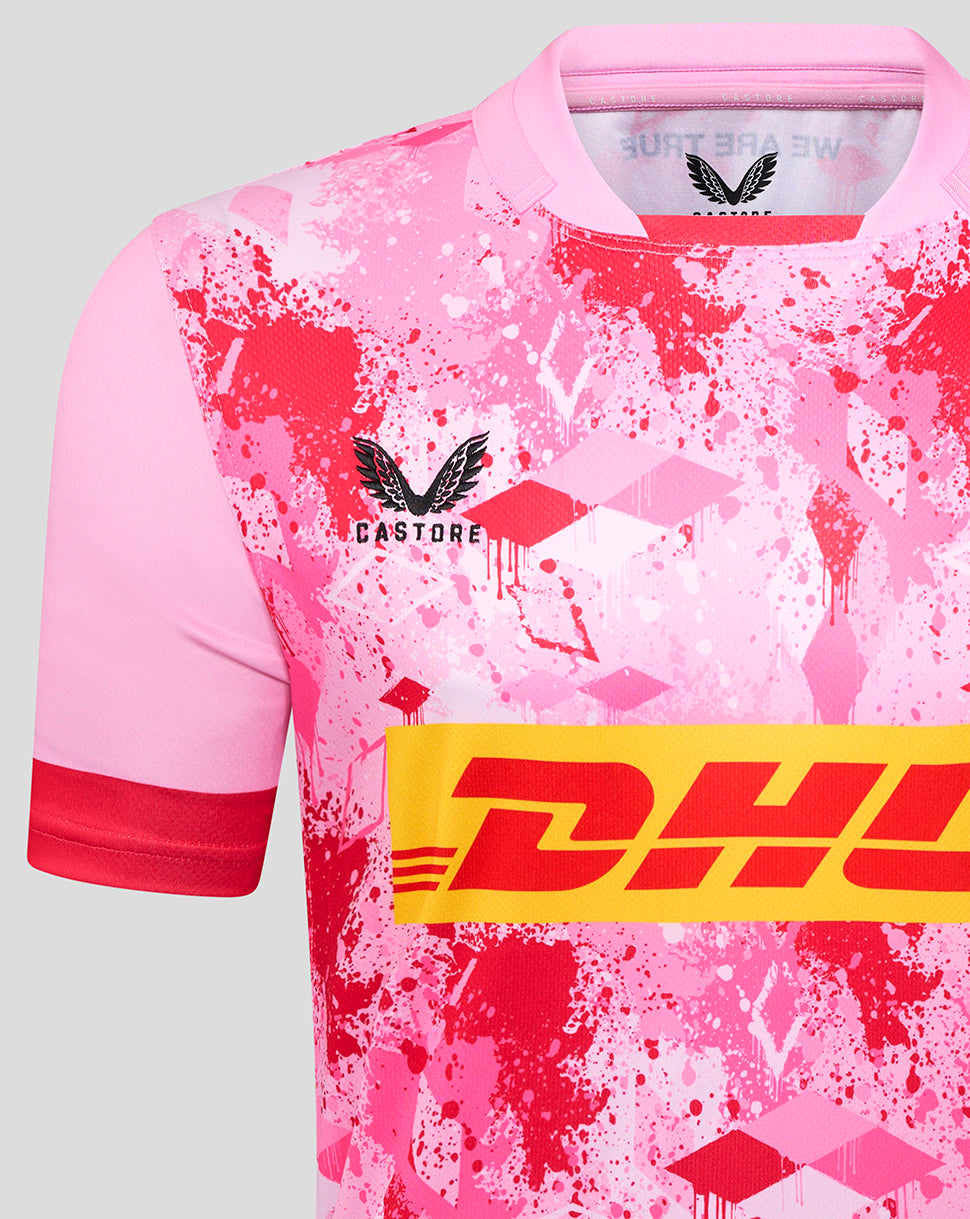 Harlequins away replica rugby shirt in pink splatter print with DHL sponsor across the chest