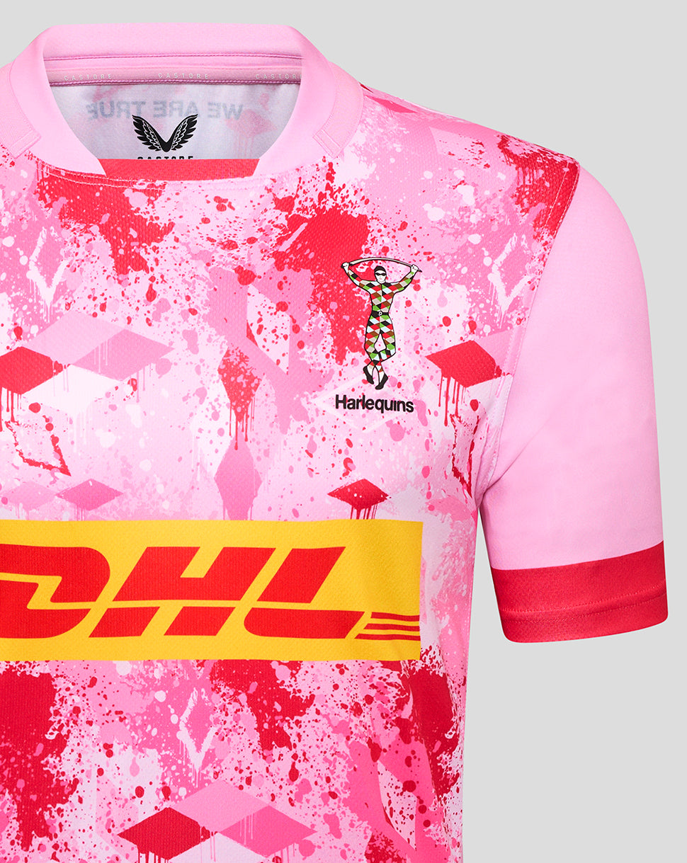 Close-up of chest on pink Harlequins away shirt detailing the Harlequins crest and DHL sponsor.