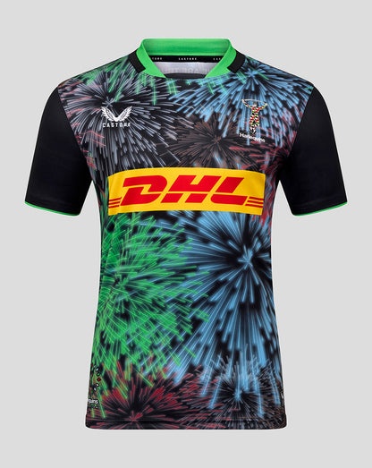 Front view of Harlequins Big Game Replica Shirt with fireworks print, DHL sponsor stripe across chest and club crest on the chest