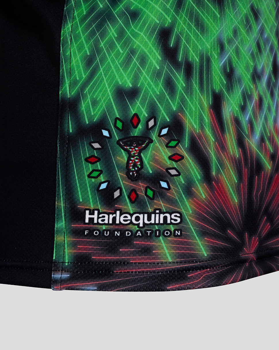 Harlequins crest on a vibrant fireworks print jersey with green and blue accents.