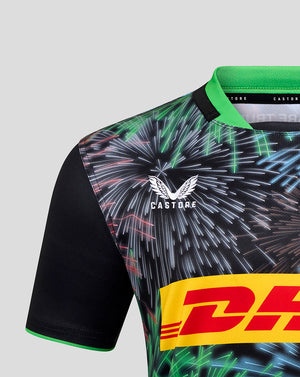 Close-up of upper chest on Harlequins Big Game Replica Shirt showing Castore branding and the Harlequins crest amid the fireworks pattern