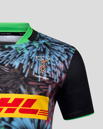 Close up of Harlequins Big Game replica shirt with bright fireworks print, green collar, Harlequins crest and DHL sponsor band.