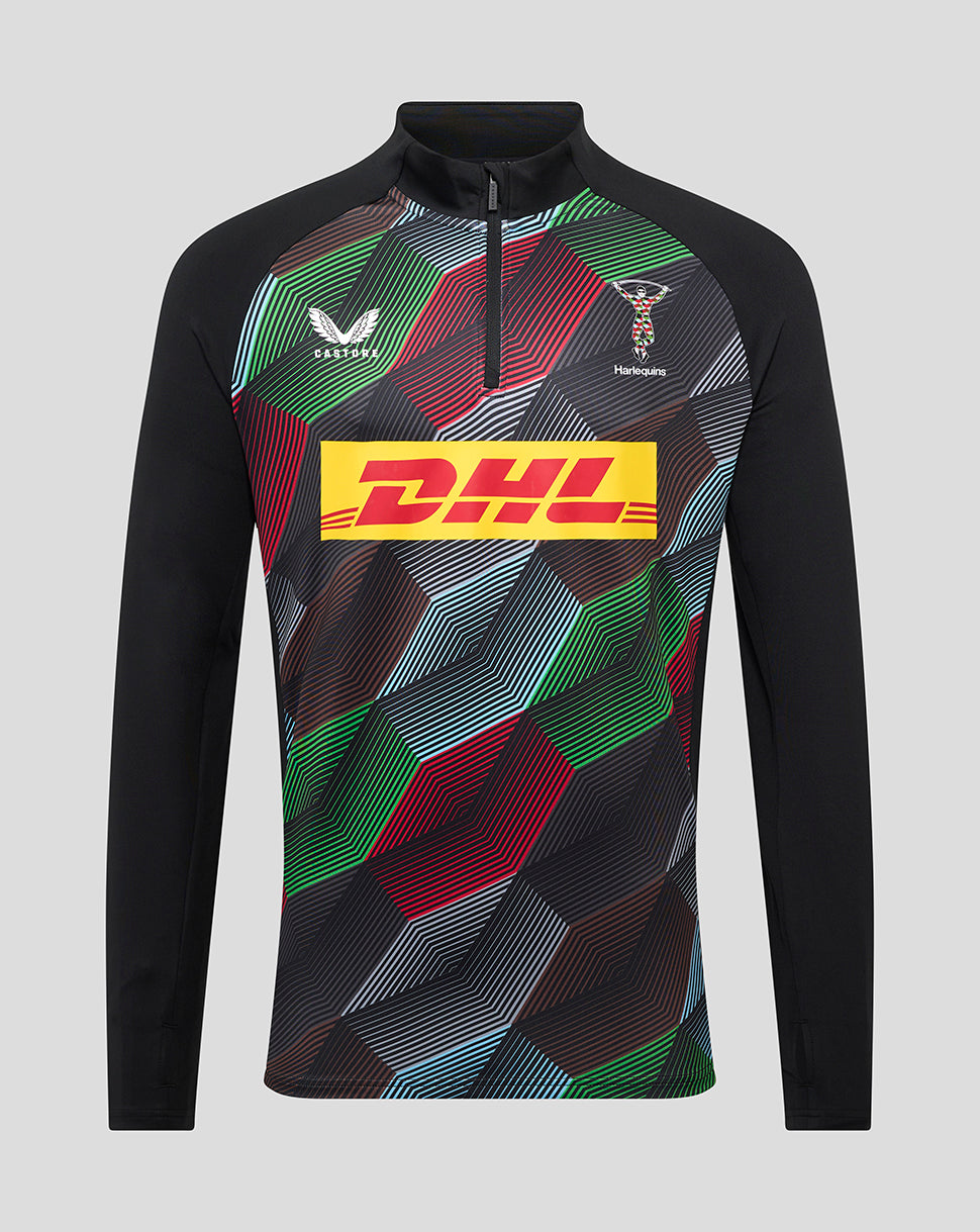 Front view of Harlequins men's 25/26 matchday quarter zip top with a vibrant geometric pattern and DHL logo across the chest.
