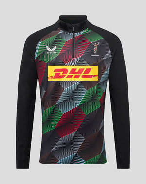 Front view of Harlequins men's 25/26 matchday quarter zip top with a vibrant geometric pattern and DHL logo across the chest.