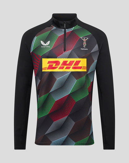 Front view of Harlequins men's 25/26 matchday quarter zip top with a vibrant geometric pattern and DHL logo across the chest.