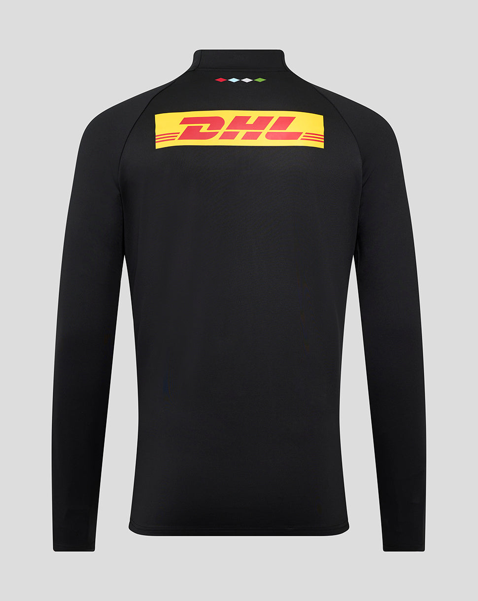 Back view of Harlequins Matchday Quarter Zip Top showing DHL logo on the upper back