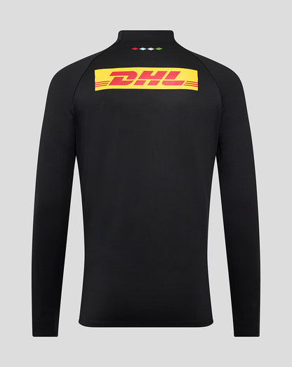 Back view of Harlequins Matchday Quarter Zip Top showing DHL logo on the upper back