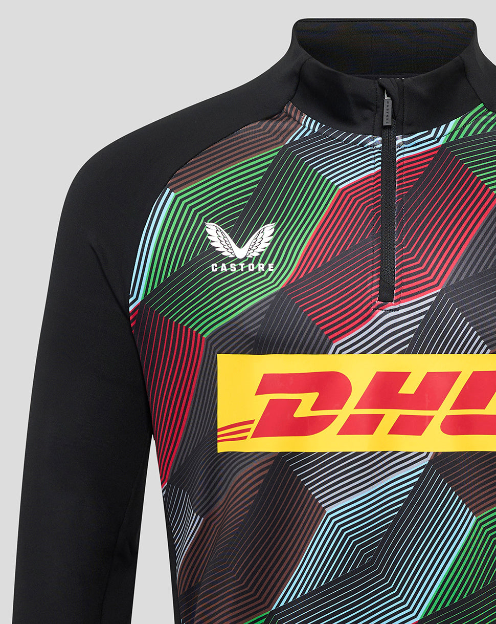 Close-up of Harlequins men's 25/26 matchday top showing the zip at the collar and a bold geometric pattern with logos.