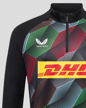 Close-up of Harlequins men's 25/26 matchday top showing the zip at the collar and a bold geometric pattern with logos.