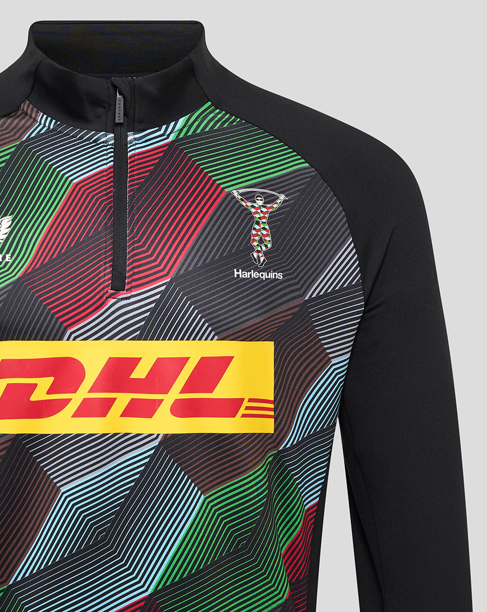 Harlequins Matchday Quarter Zip Top close up with bold multicolor geometric print and DHL sponsor across the front