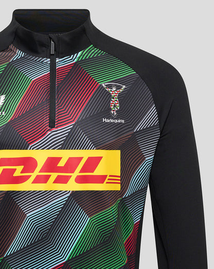 Harlequins Matchday Quarter Zip Top close up with bold multicolor geometric print and DHL sponsor across the front