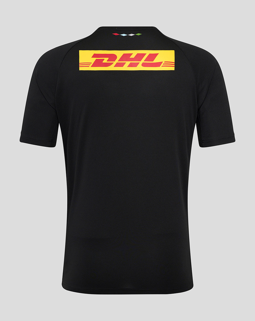 Back view of black Harlequins matchday tee with large DHL logo on a yellow patch across the upper back