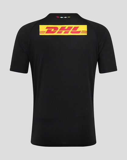 Back view of black Harlequins matchday tee with large DHL logo on a yellow patch across the upper back