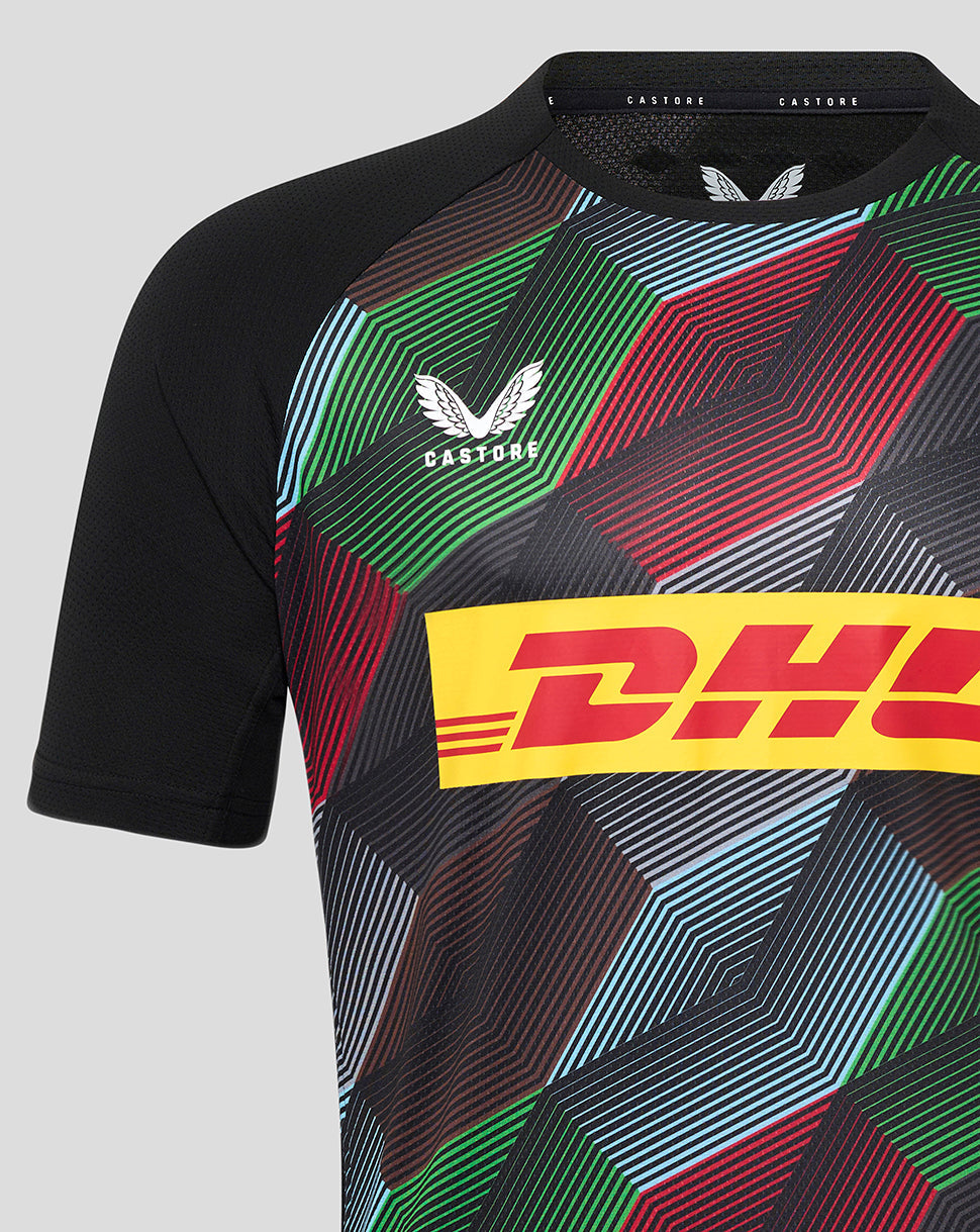 Harlequins matchday short sleeve tee with a bold multicolor geometric pattern and DHL sponsor band across the chest