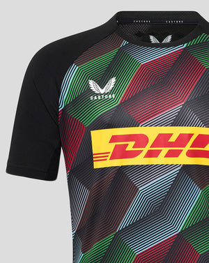 Harlequins matchday short sleeve tee with a bold multicolor geometric pattern and DHL sponsor band across the chest