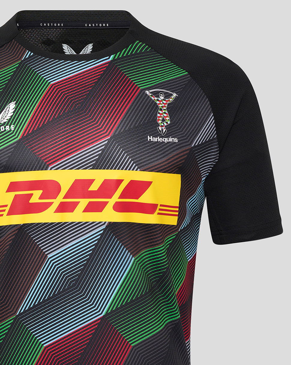 Harlequins matchday short sleeve tee featuring crest on chest and bold DHL sponsor band across the front
