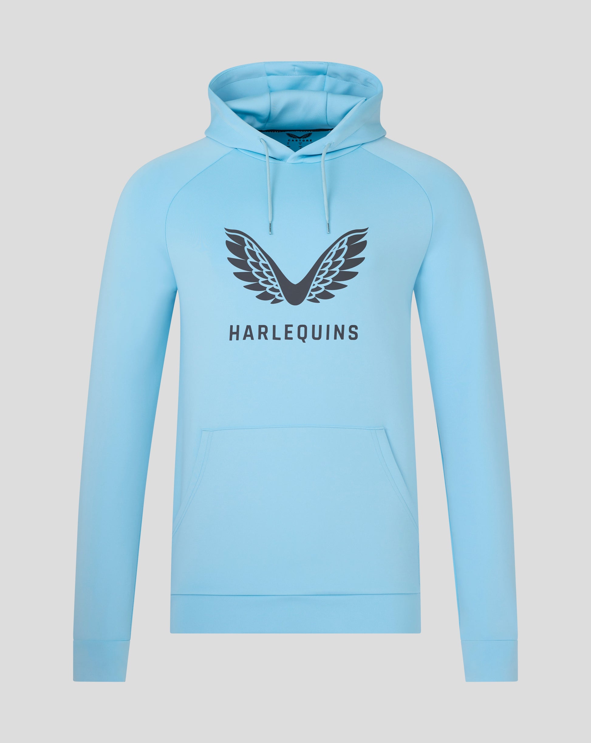Harlequins light blue presentation scuba hoodie with wing logo and branding.