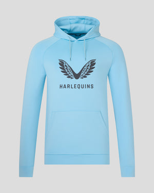 Harlequins light blue presentation scuba hoodie with wing logo and branding.