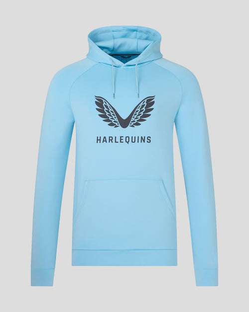 Harlequins light blue presentation scuba hoodie with wing logo and branding.
